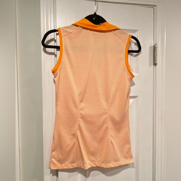 Nike Dri Fit Gold Size XS Sleeveless V Neck Collared Athletic Top Orange Stripes - Picture 9 of 10